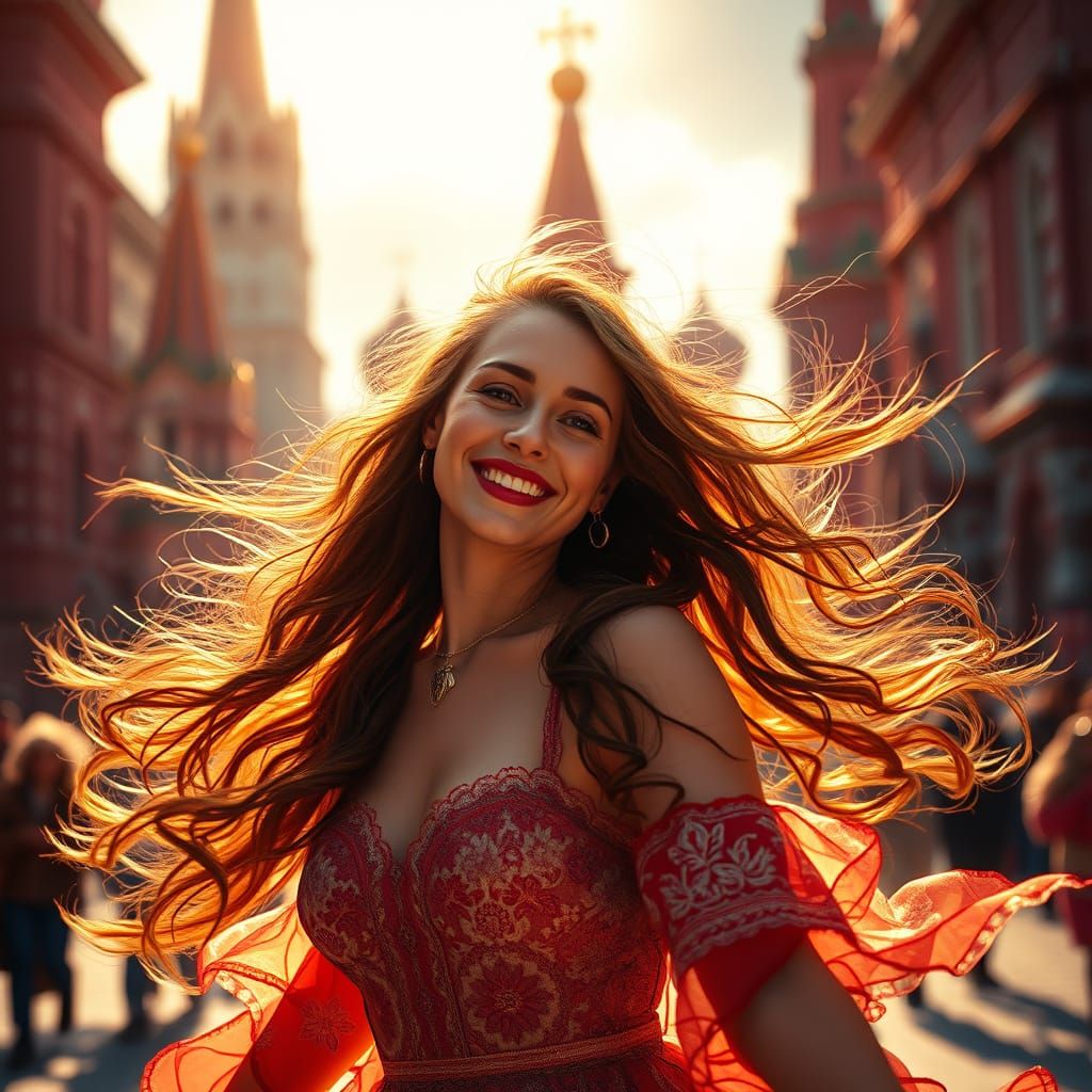 Russian Beauty Dances in Moscow's Red Square with Wind-Swept...