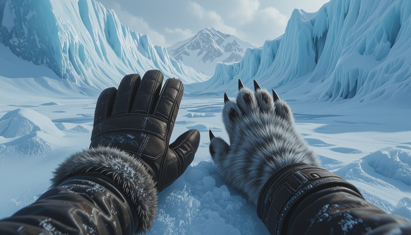 Human Hand and Wolf Paw in Frozen Tundra
