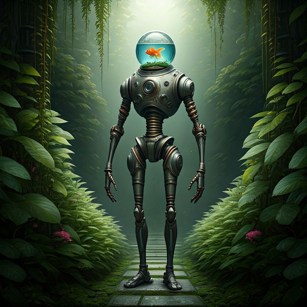 Titanium Robot with Crystal Head in Futuristic Garden