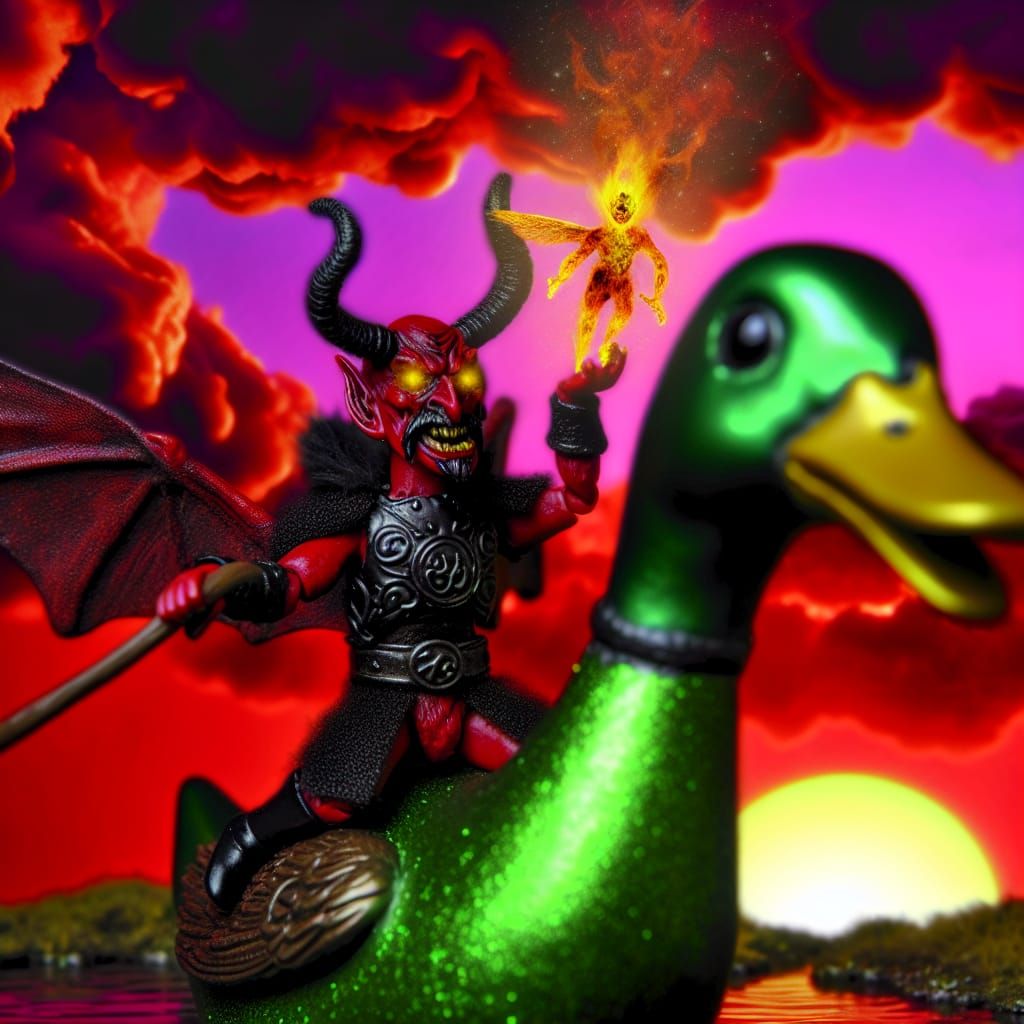 Demon Rider on Giant Duck in Apocalyptic Sky