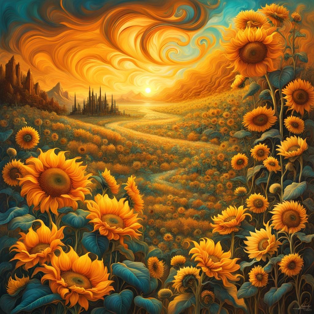 Monochromatic Gold Sunflowers Field at Sunset