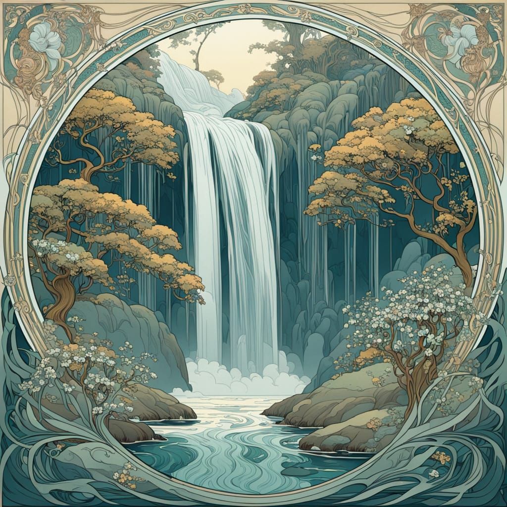 Art Nouveau Waterfall with Intricate Lines and Organic Forms