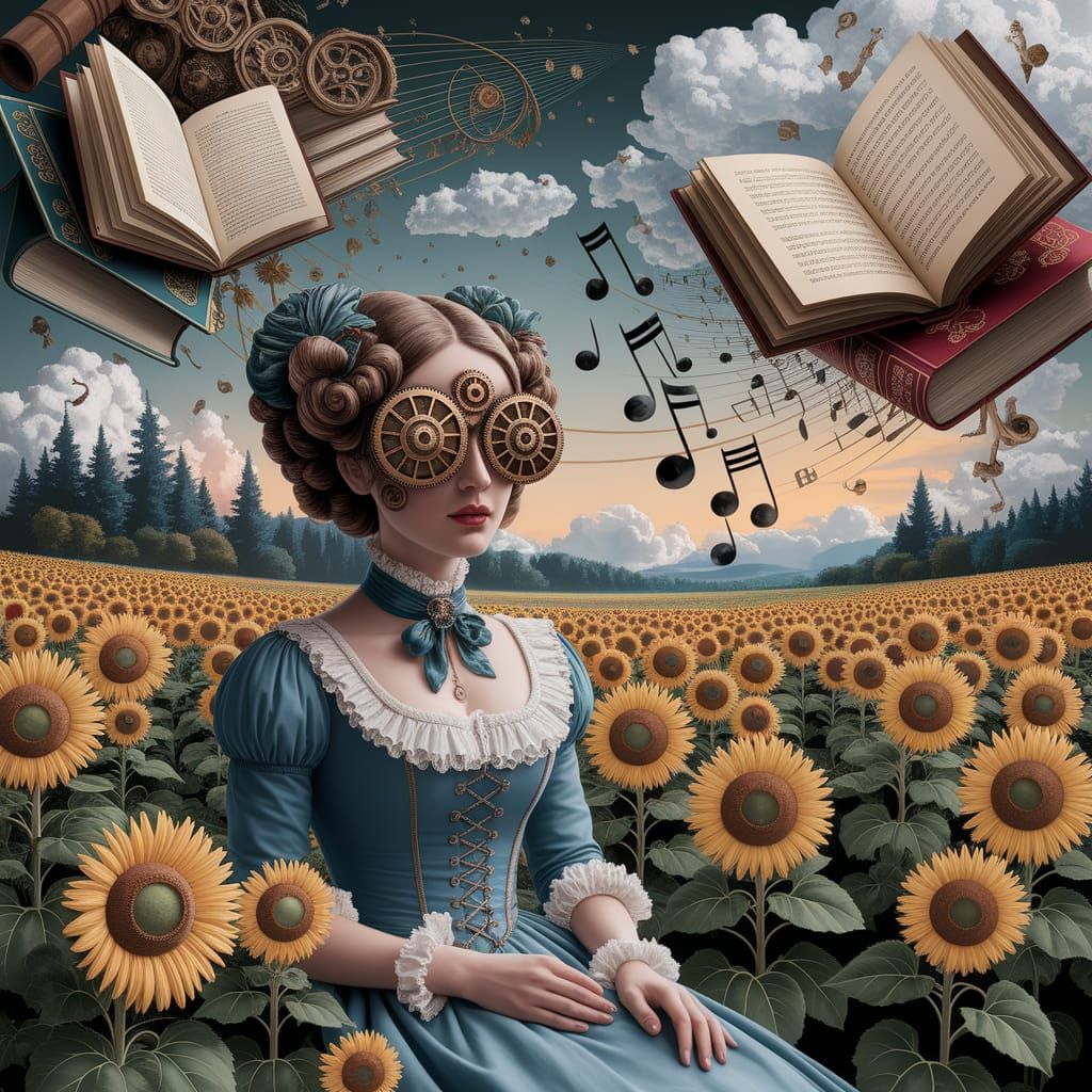 Surreal Clockwork Woman in Sunflower Field Collage