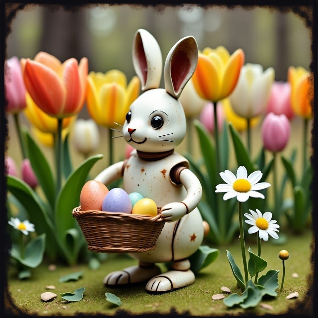 Vintage Easter Bunny Robot with Tulips and Daisies