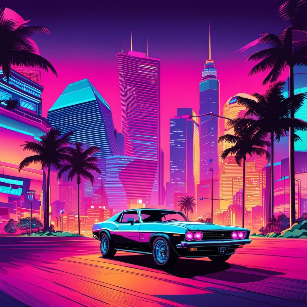 Miami Sunset in Synthwave Retro Pop Art Style