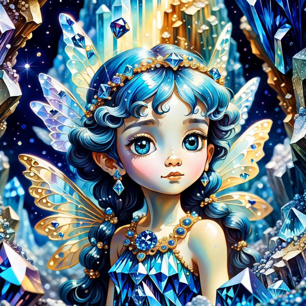 Blue Fairy in Crystal Mine: Neo-Impressionist Oil Painting