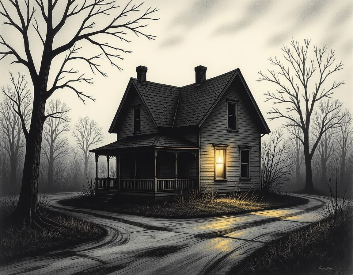 Eerie Old House on Deserted Street in Charcoal Style