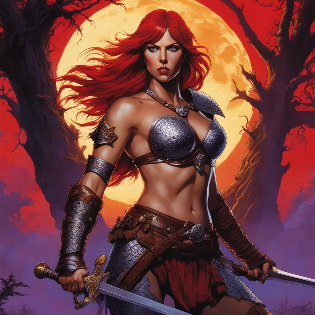 Red Sonja Battles Under Violet Moon, Hyperrealistic Art