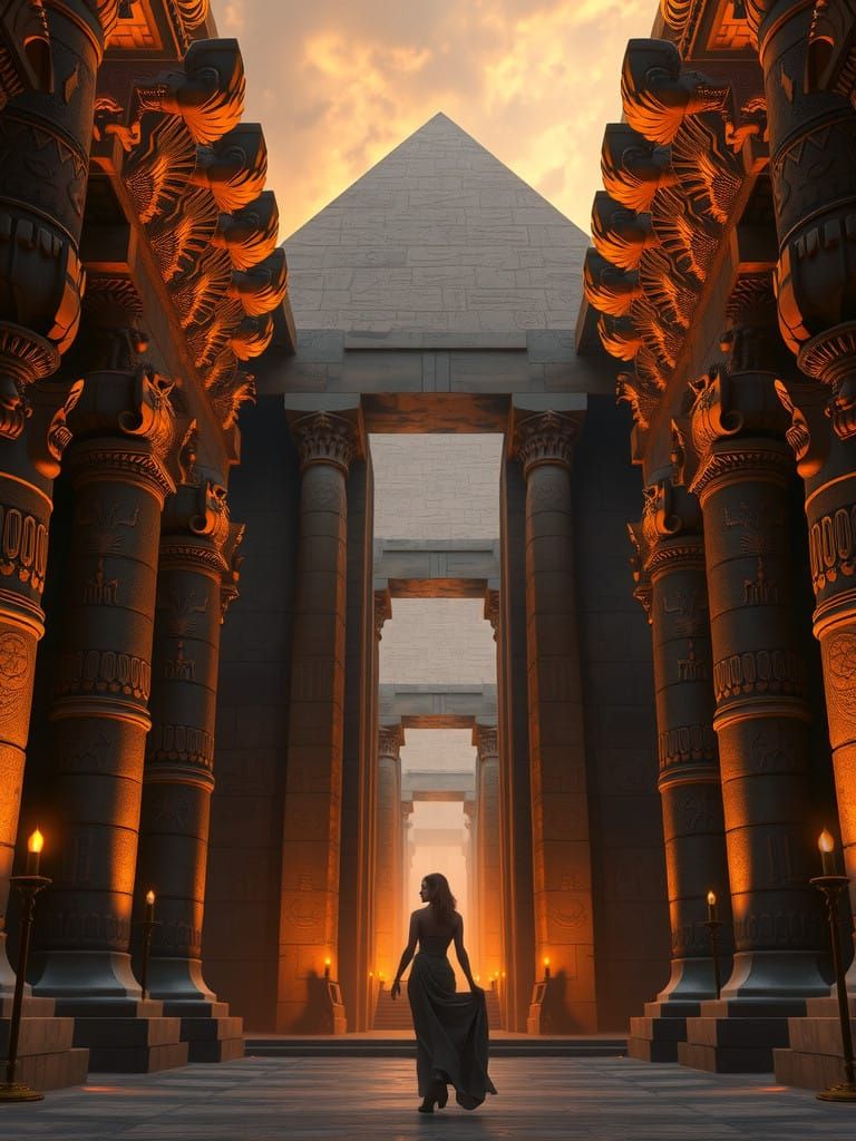 Egyptian Palace Temple at Sunset in a Fantastical, Matte Pai...