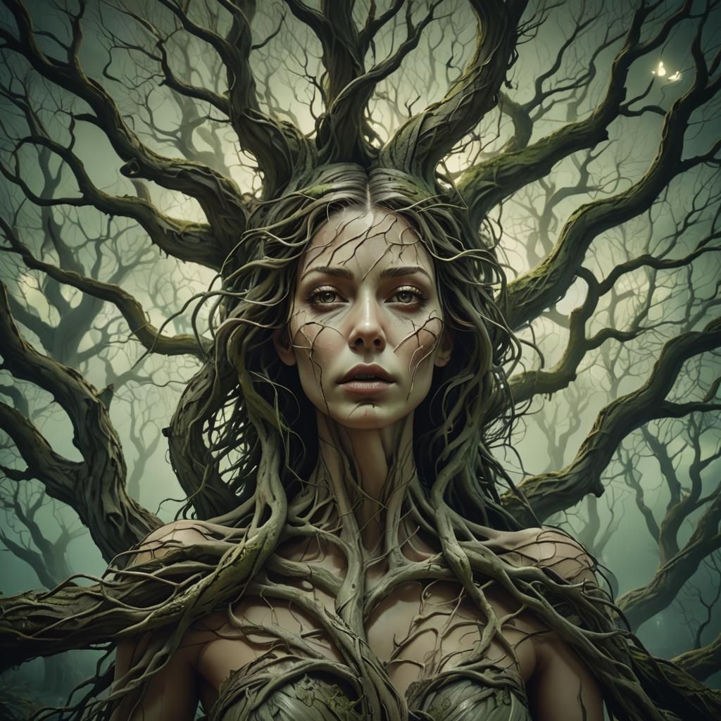 Surreal Tree Transforms into Woman in Moonlight