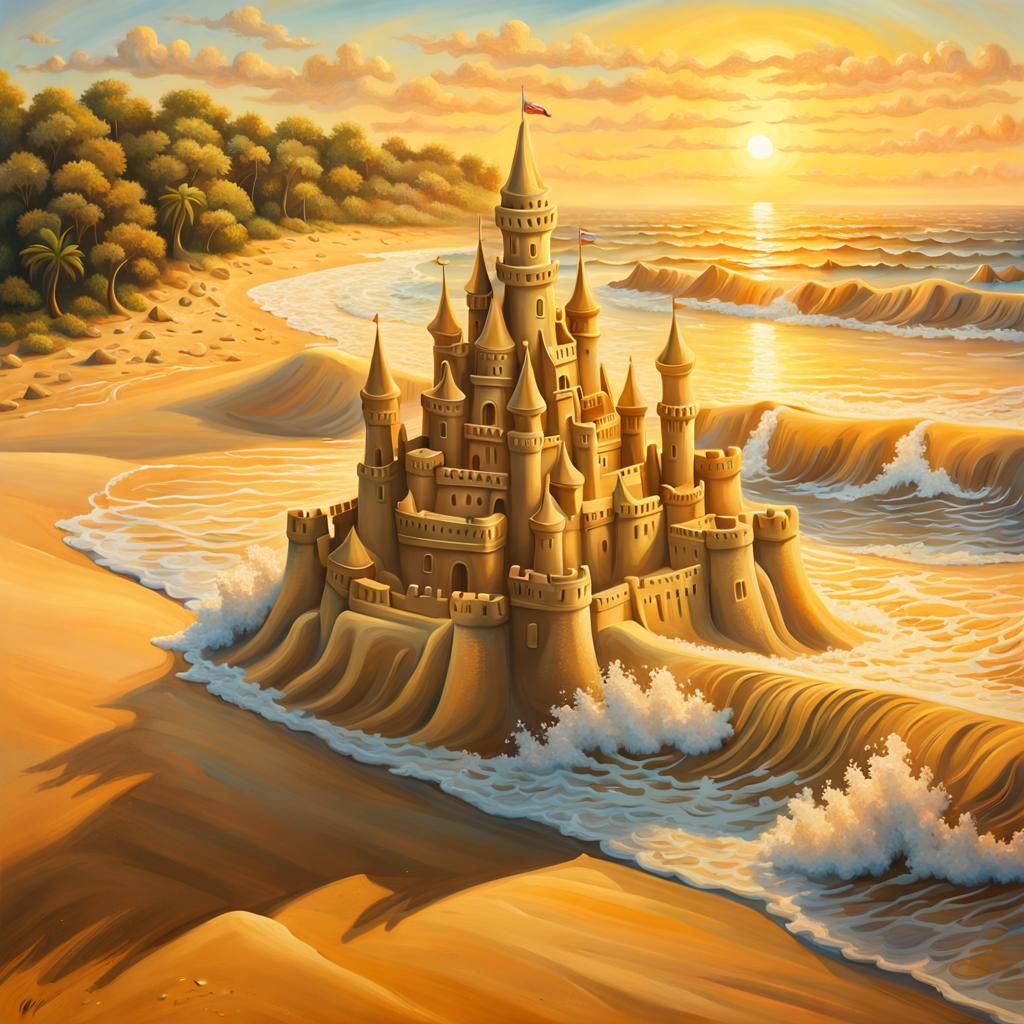 Majestic Sandcastle at Sunrise: Oil Painting Style