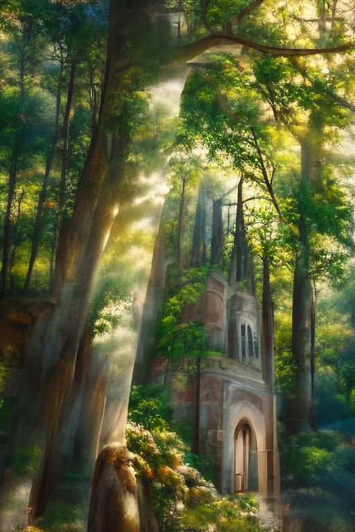 Gothic Chapel in Forest with Sunbeams, Detailed Painting