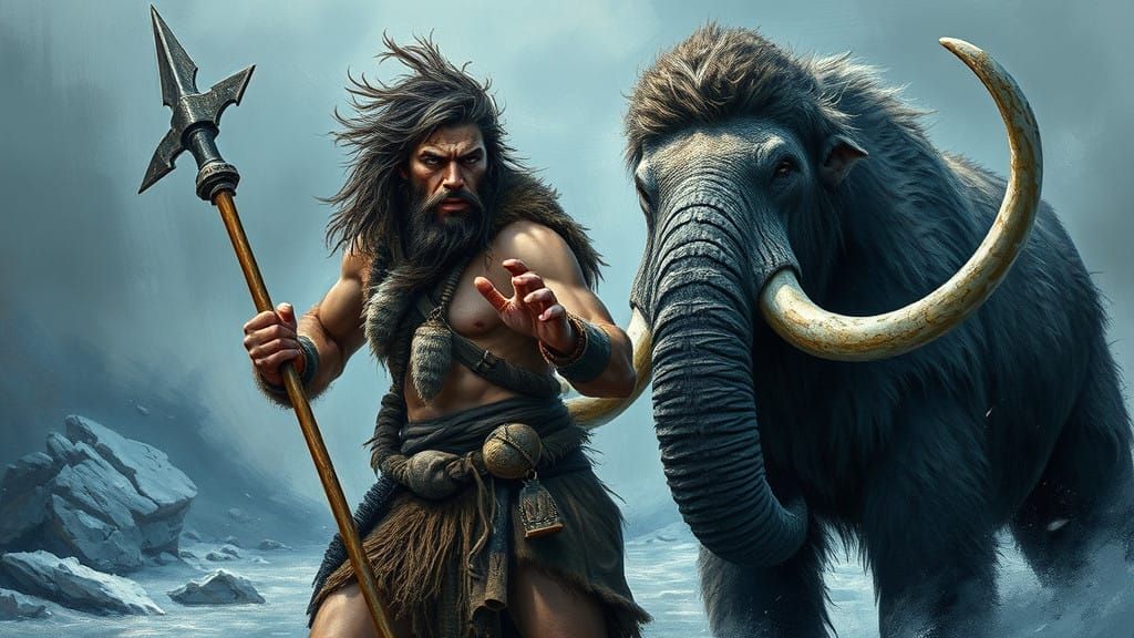 Prehistoric Warrior Hunts Woolly Mammoth in Frozen Wildernes...