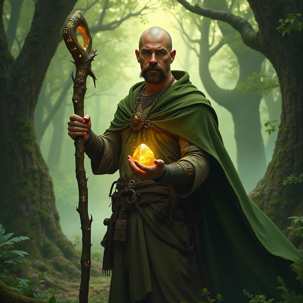 Mystical Druid in Emerald Forest as Matte Painting