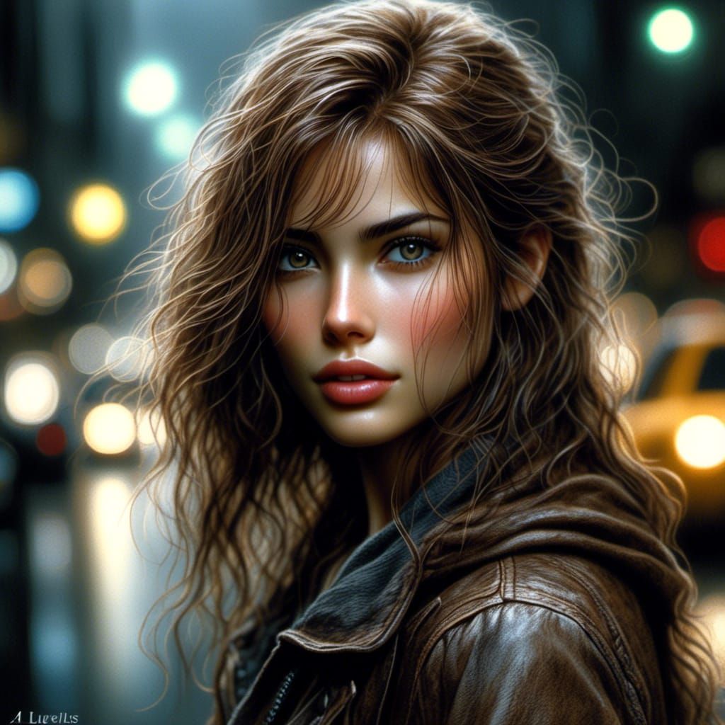 Detailed Portrait of Woman in City Street by Royo