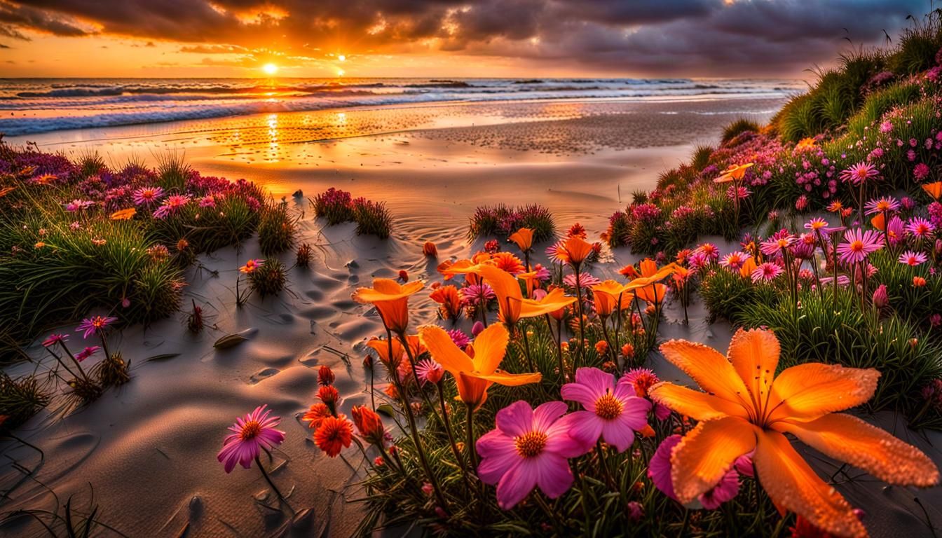 Stunning Beach Sunset with Raindrops and Blooming Flowers