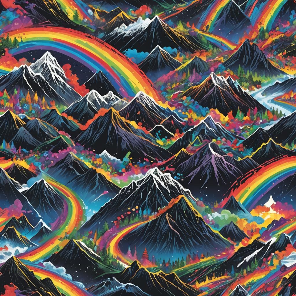 Rainbow Lights Over Mountain Peak: Fantasy Art