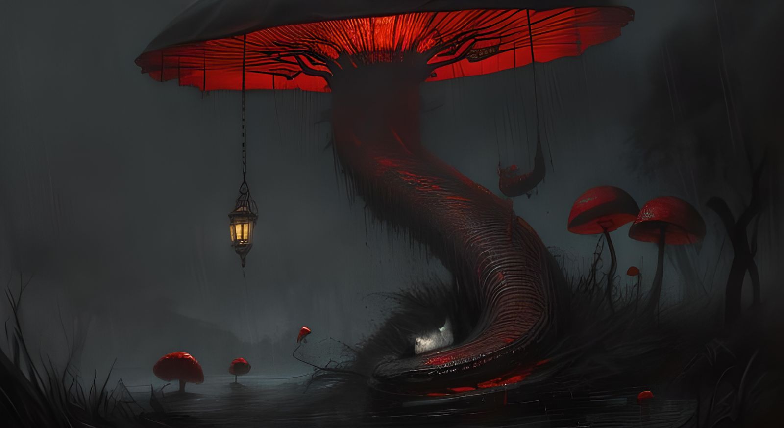 Anaconda and Kitten in Night Rain, Horror Illustration
