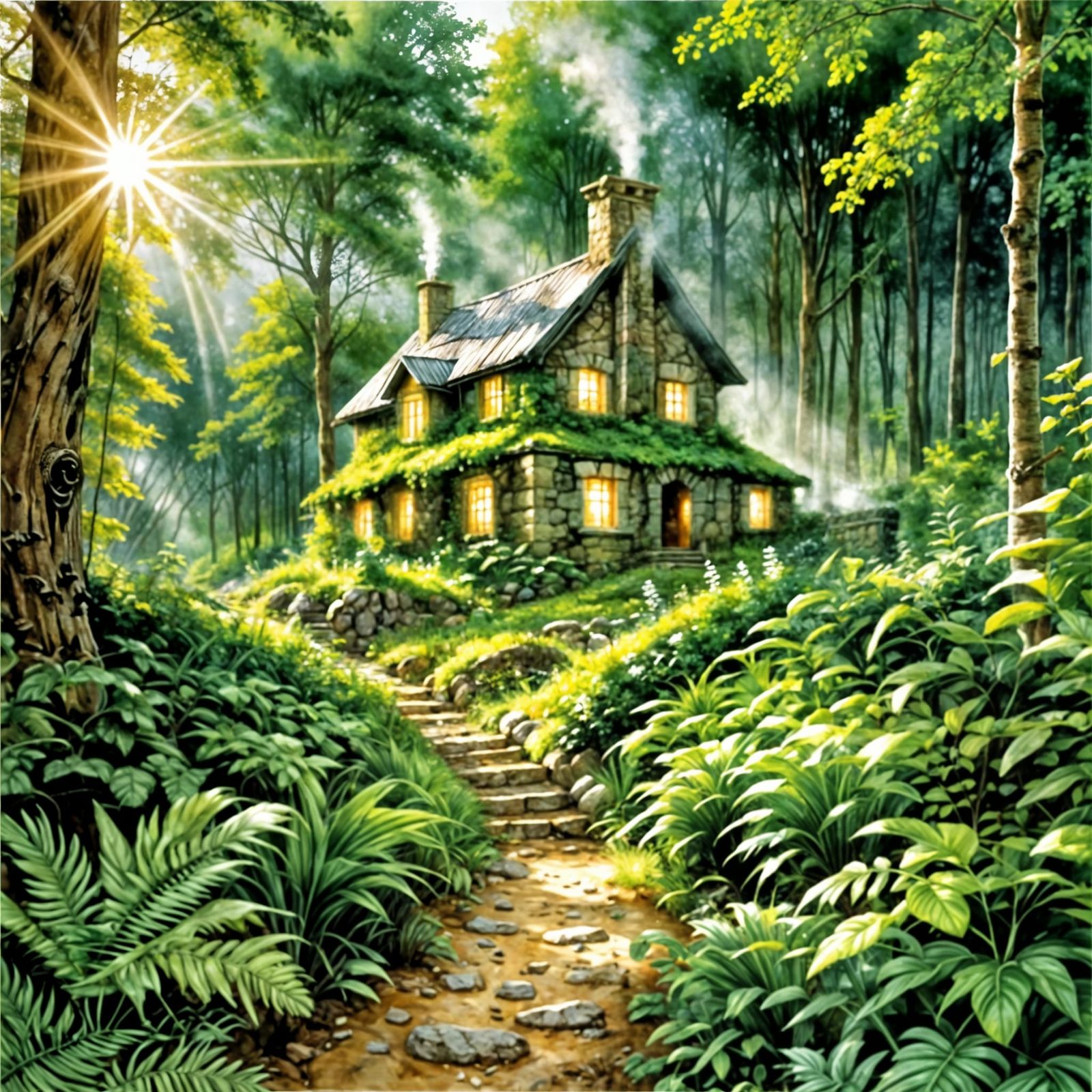 Peaceful Forest House in Watercolor Style