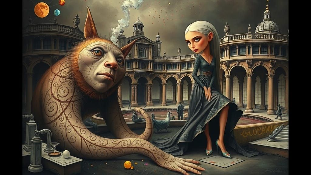 Woman and Geometric Creature in Monochromatic Cityscape