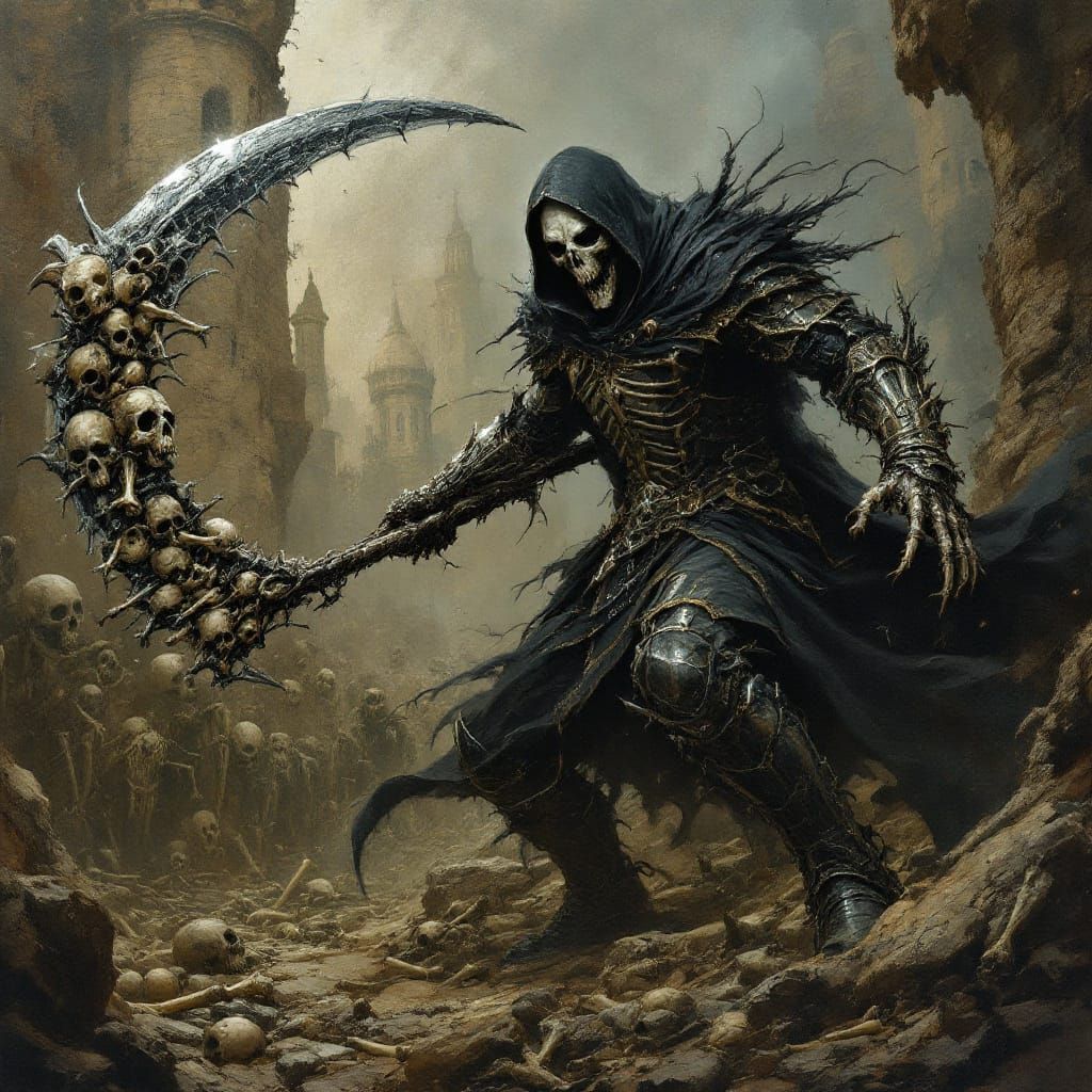 Grim Reaper Battles in Dark Fantasy City