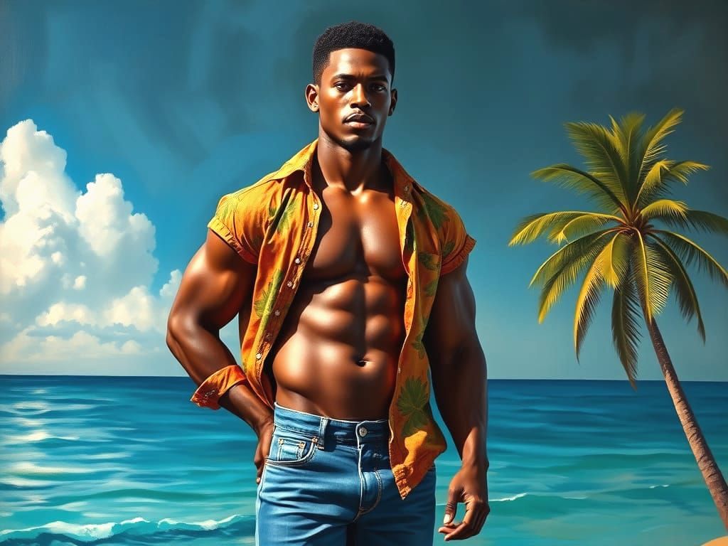 Handsome African Man by the Sea Oil Masterpiece
