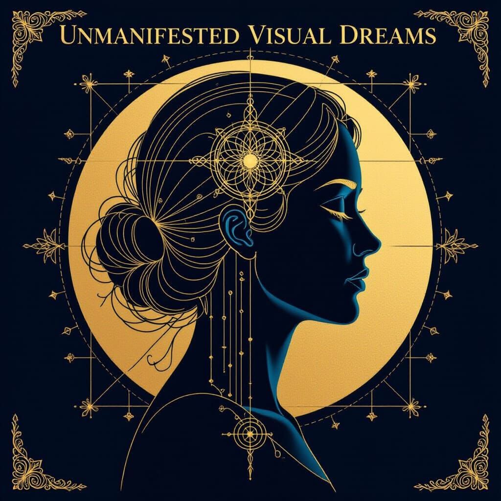 Blueprint Portrait of Unmanifested Dreams with Gold Accents