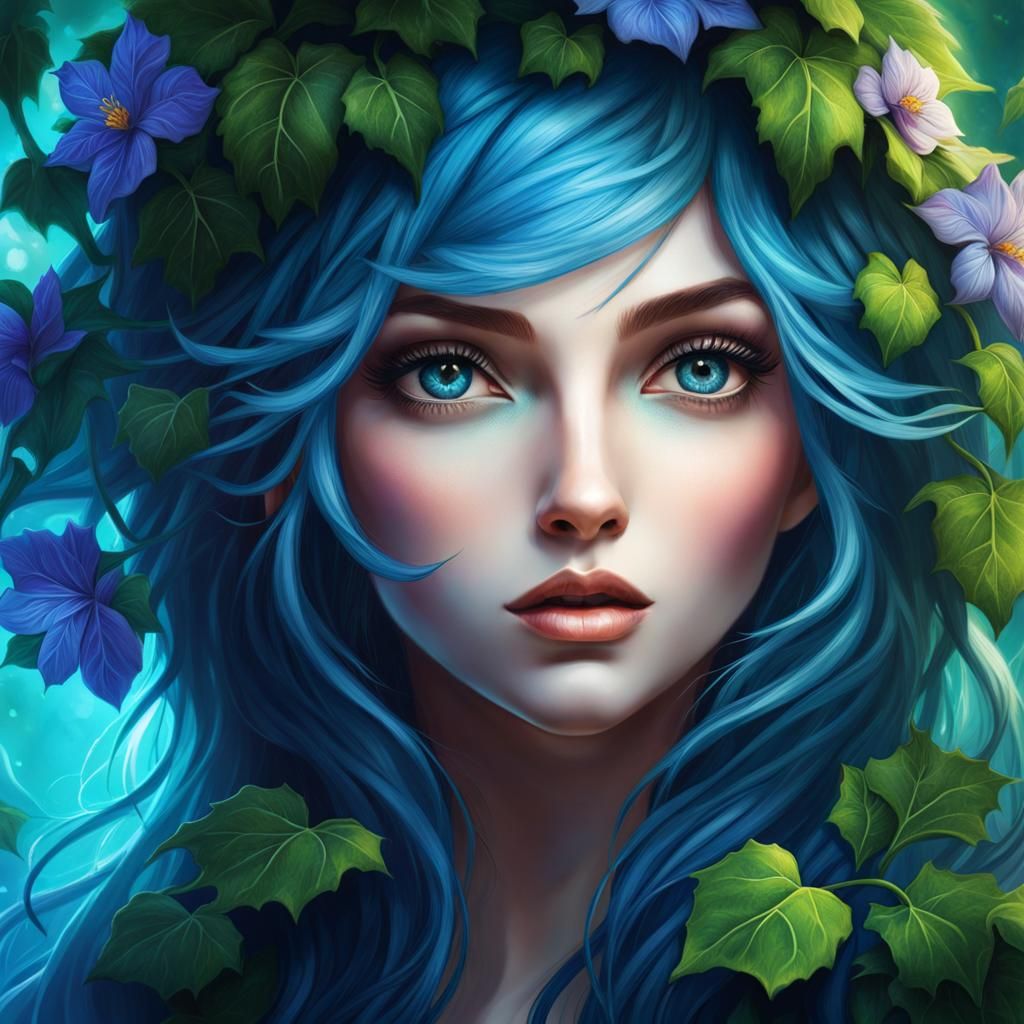 Blue-Haired Dryad with Sparkling Eyes, Hyperrealistic Detail