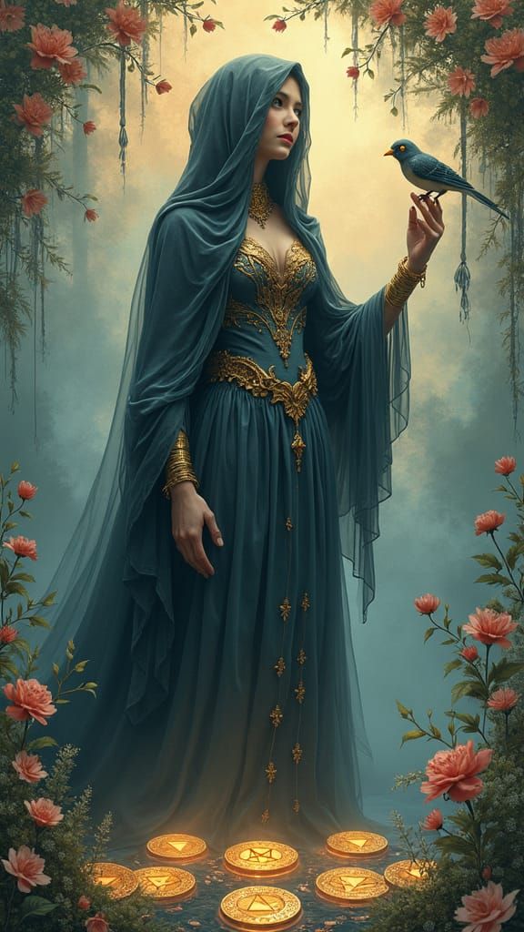 Mystical Woman with Pentacles in Art Nouveau Style