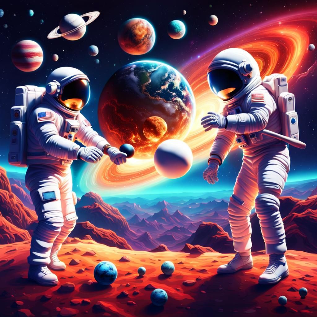 Astronauts Play Baseball in Space: Psychedelic 3D Art