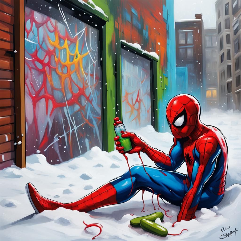Spider-Man's Snowy Snack: Graffiti Art Creation