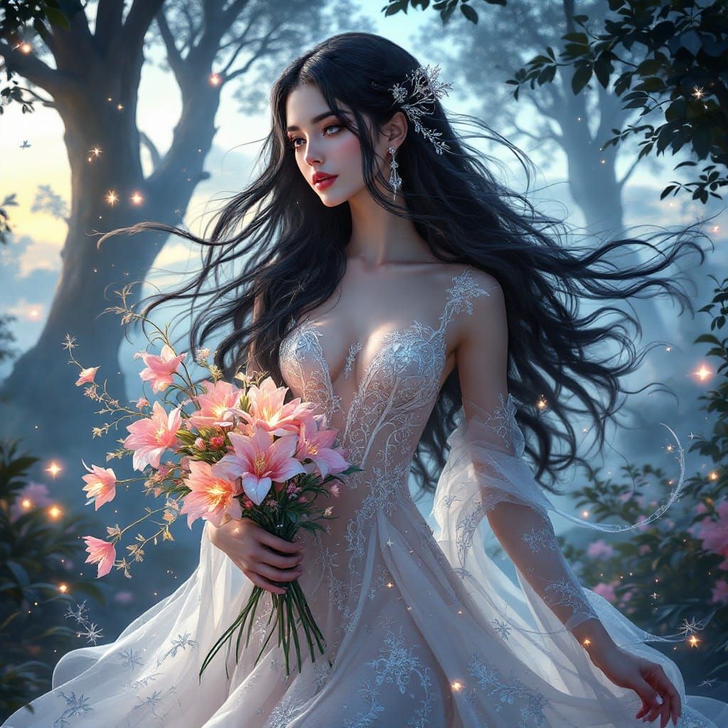 Surreal Fantasy Goddess in White and Silver Fairy Attire