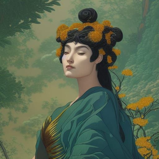 Antheia, Goddess of Gardens, as Emerald Line Art