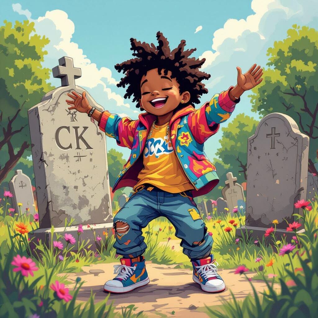 Joyful Boy Dances by Headstone in Whimsical Graveyard
