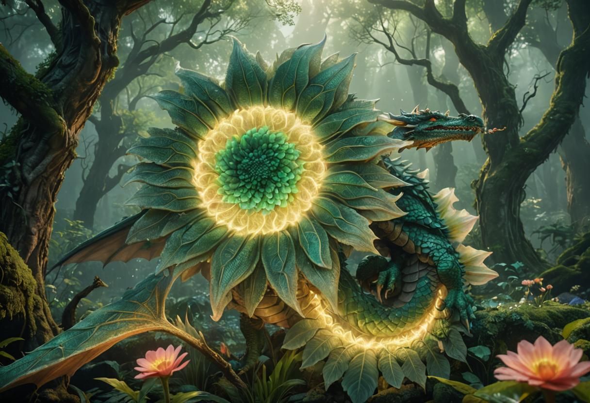 Majestic Dragon Cradling Ethereal Flower in Forest