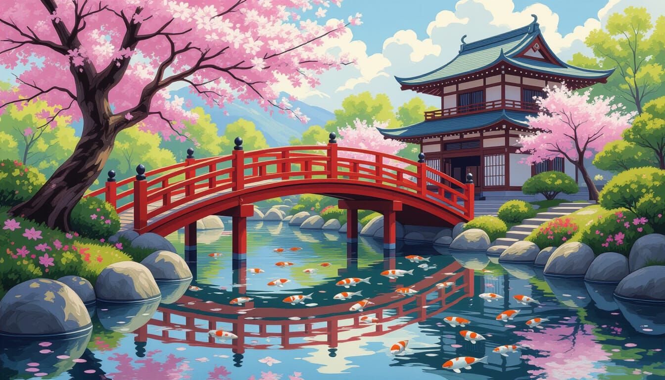 Japanese Koi Pond with Cherry Blossoms, Oil Painting