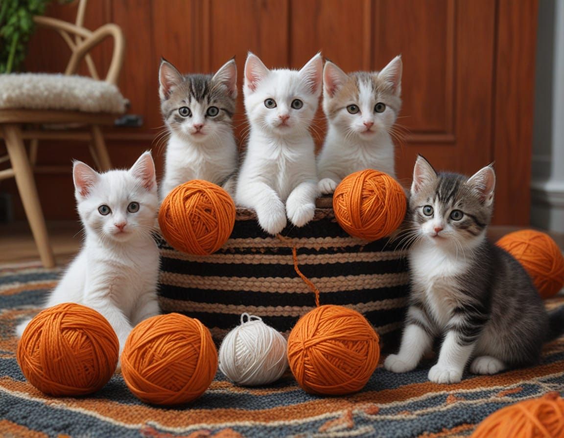 Five Whimsical Kittens Play with Vibrant Yarn in a Fantastic...