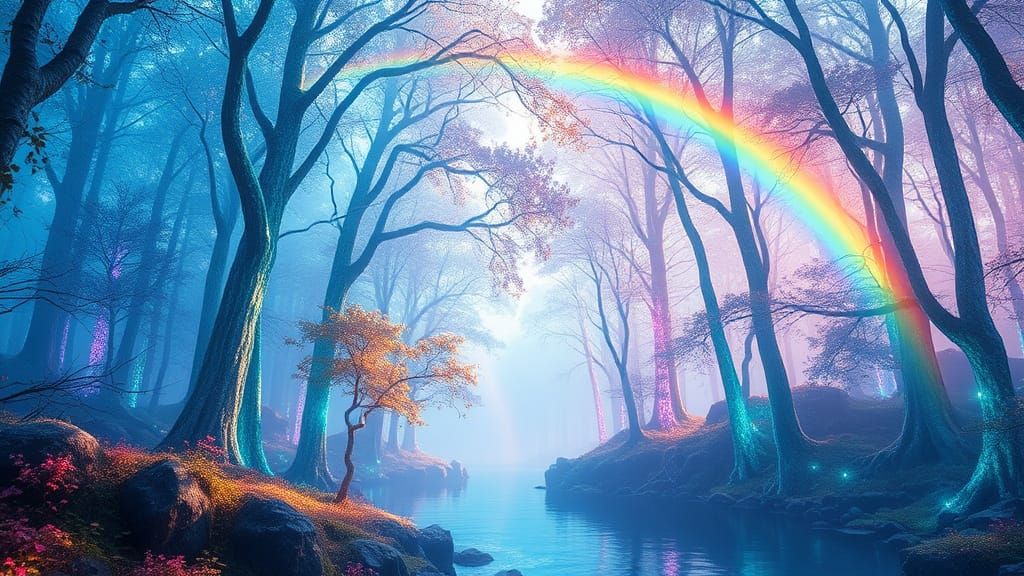 Dreamlike Forest of Shimmering Crystal Trees in Iridescent H...