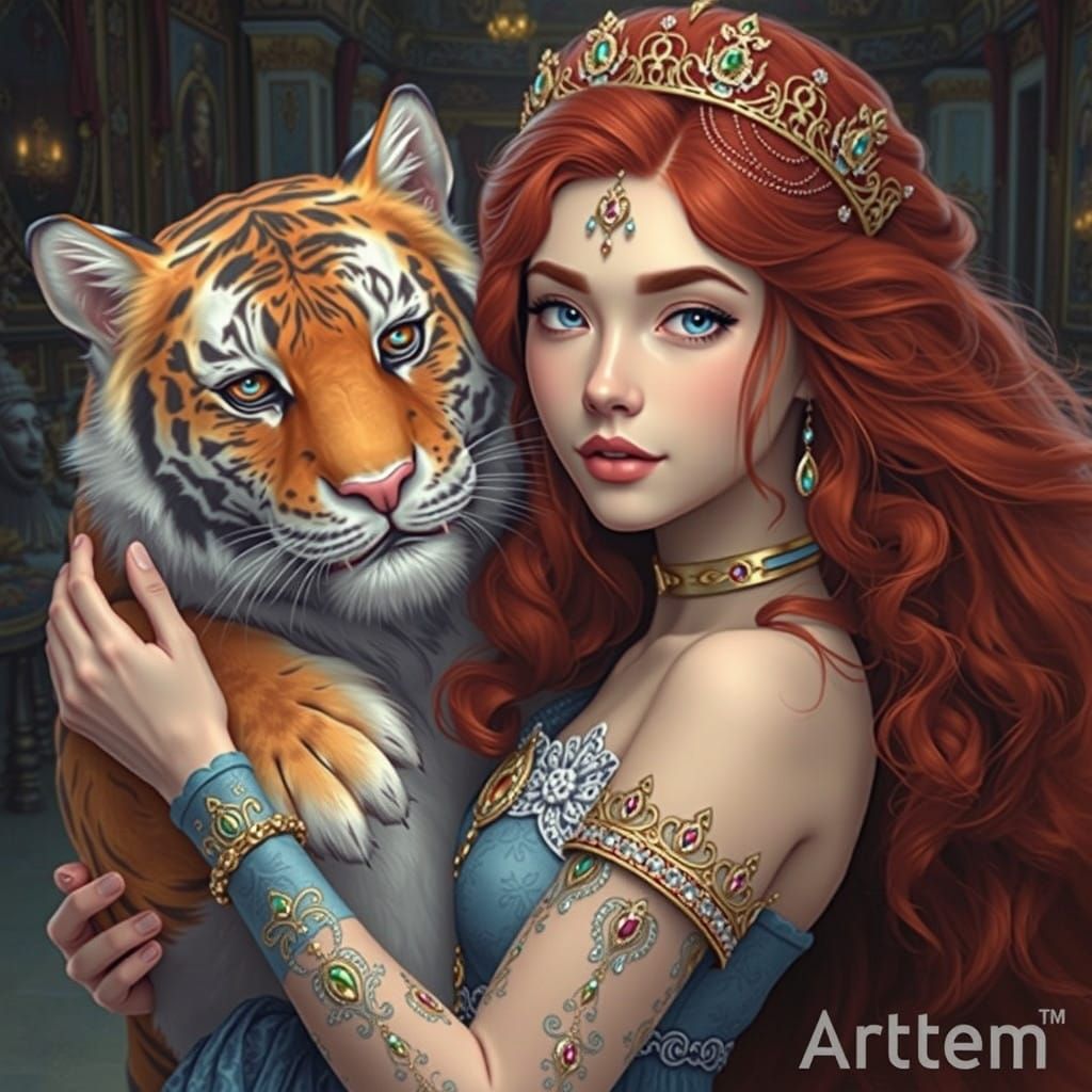 A princess is playing with a royal tiger in a castle