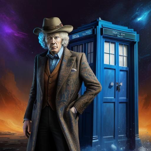 Portrait of Tom Baker  Standing by a tardis