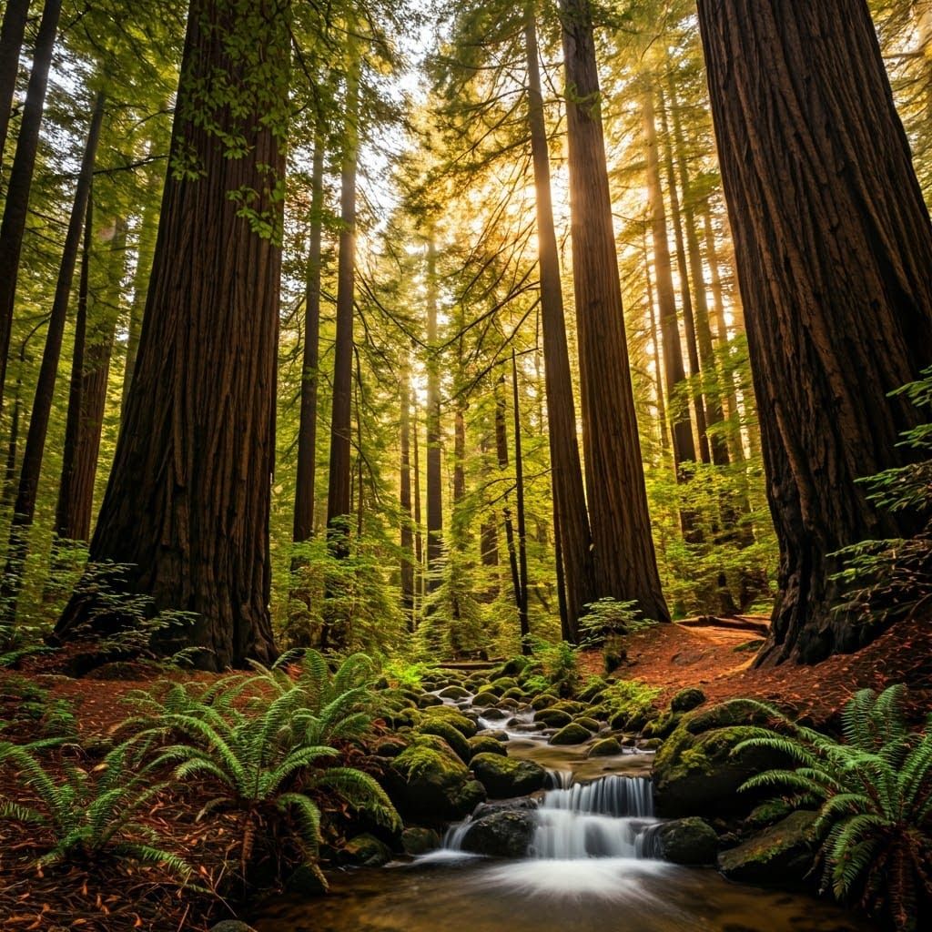 Giant Redwoods in Warm Sunlight