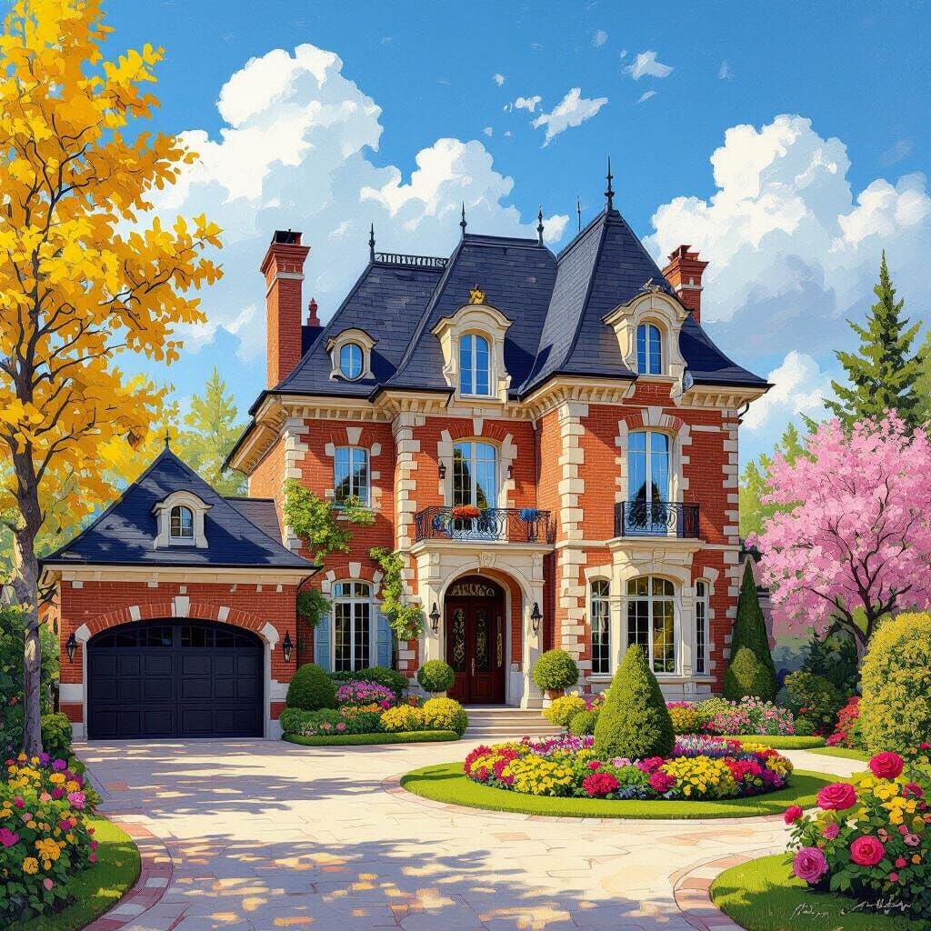 Grand Chateau with Vibrant Garden in Impressionist Style