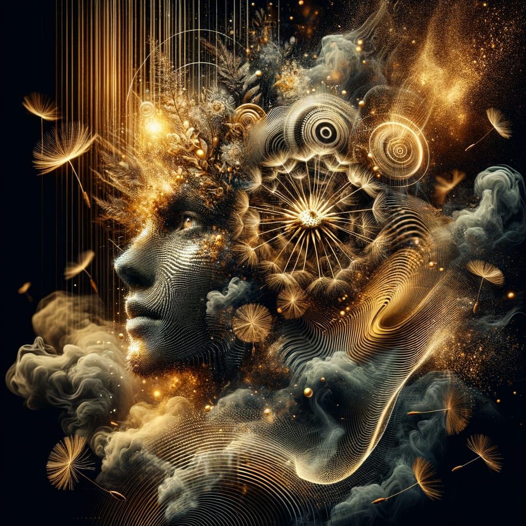 Fragmenting Portrait with Golden Effects and Botanical Eleme...