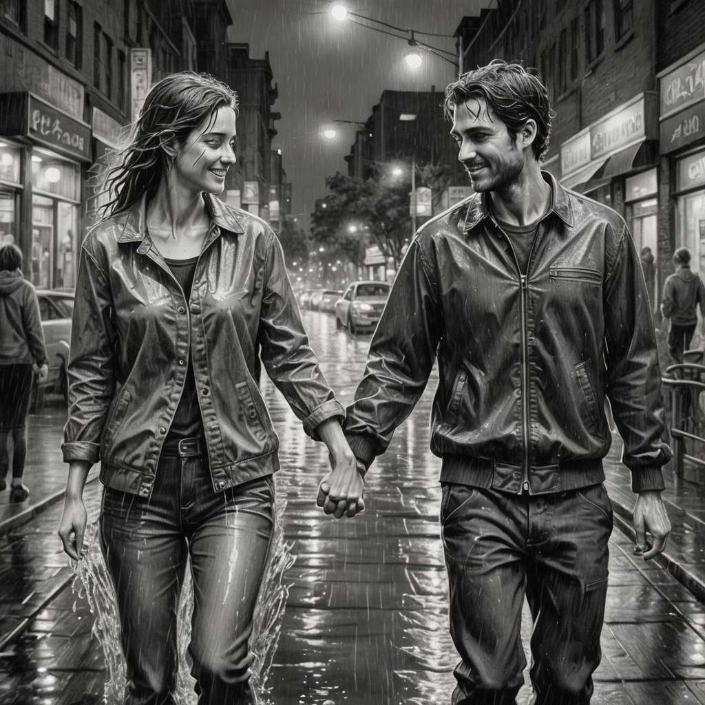 Detailed Charcoal Sketch of Couple in Rainy City