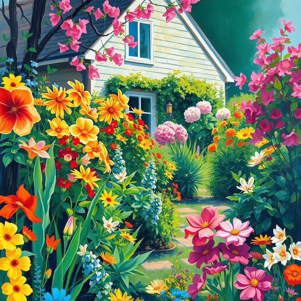 Vibrant Spring Garden in Impressionist Style with Hyper-Real...