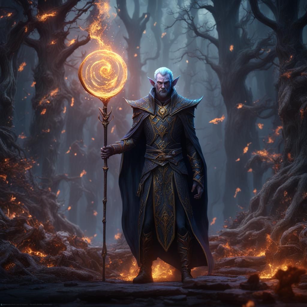 Dark Elf Wizard Casting Magic: Detailed Matte Painting