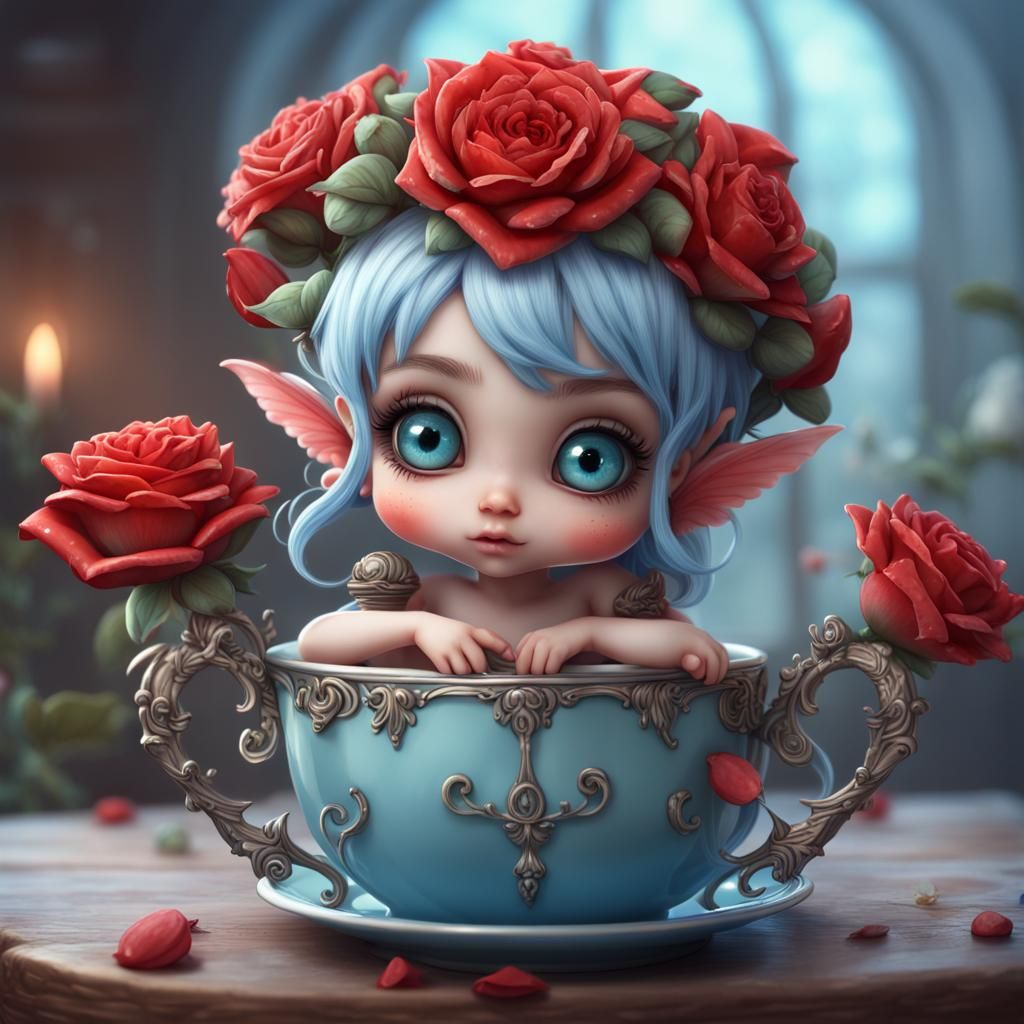 Cute Fairy Elf Baby in Teacup