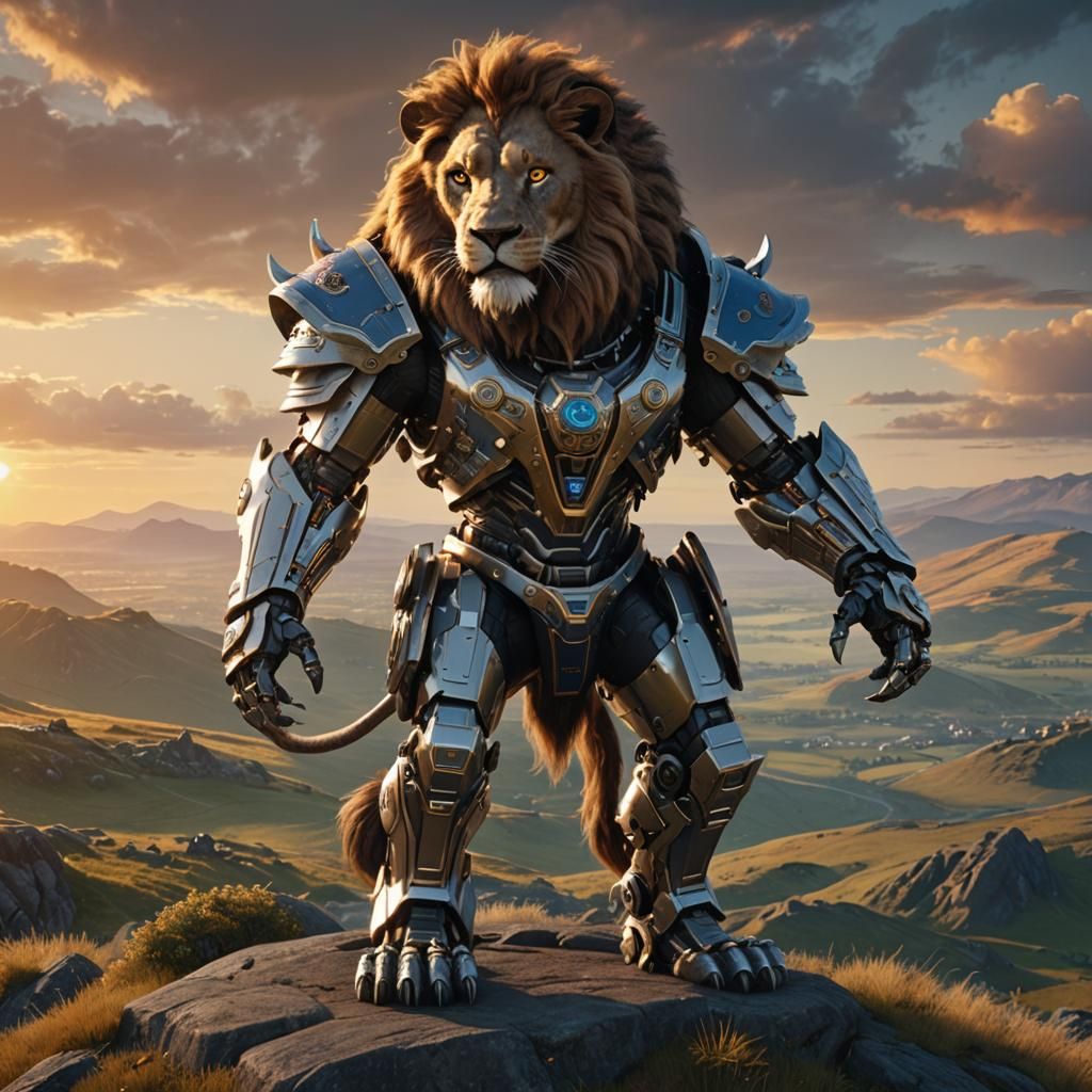 Photo, anthro lion male, wearing Scottish clothing,on a hill...