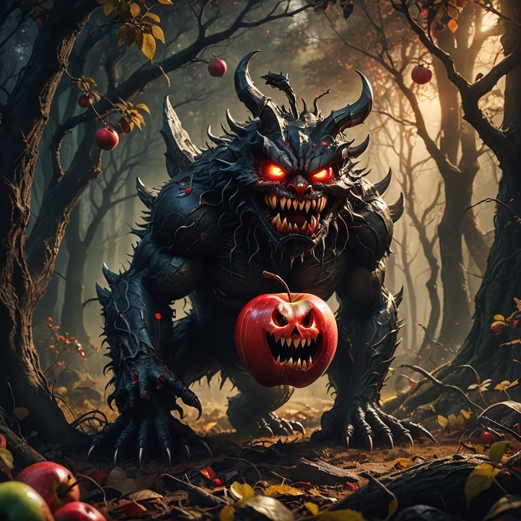 Fearsome Apple Monster Devouring Fruit in Dark Forest