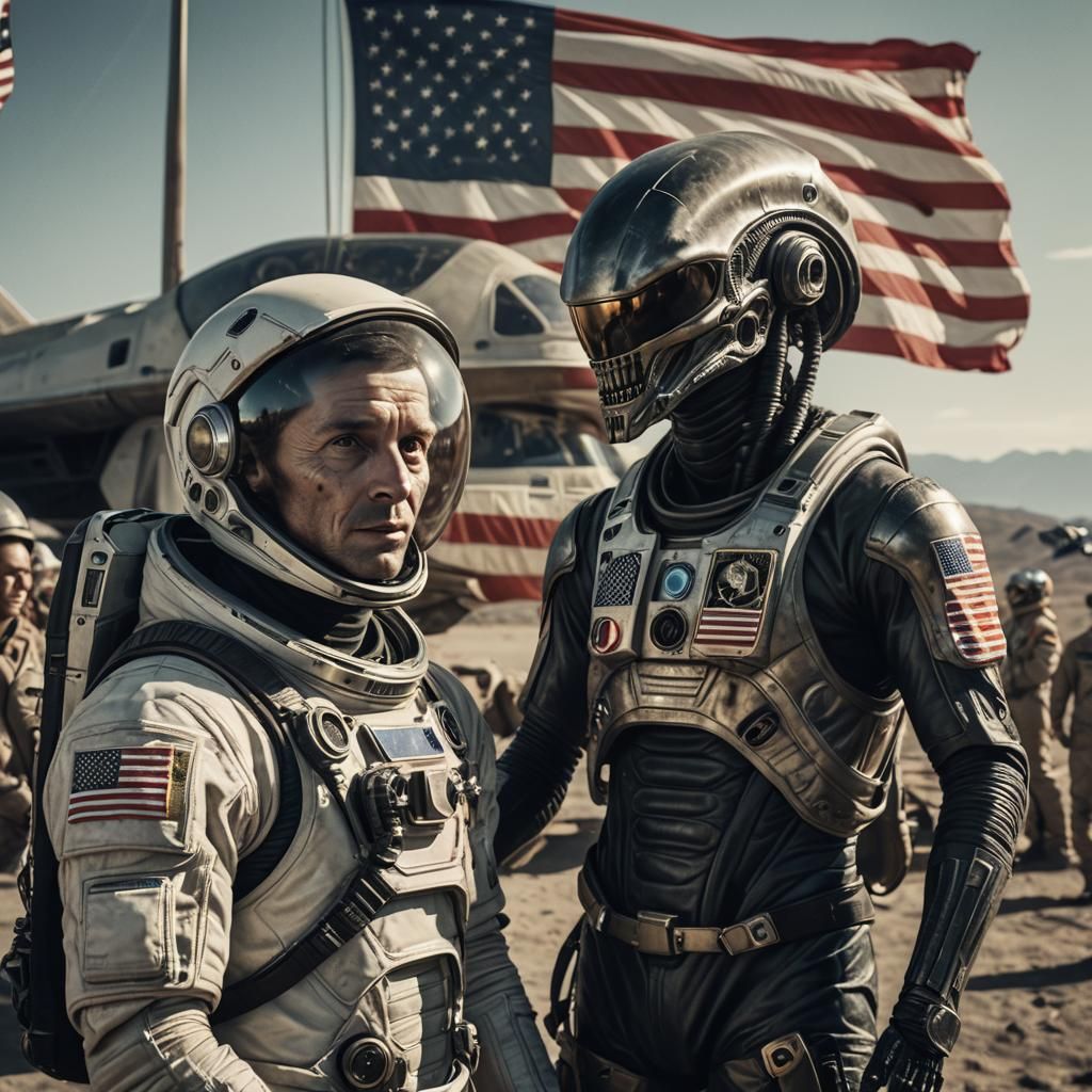 Alien and Astronaut Pose with American Flag